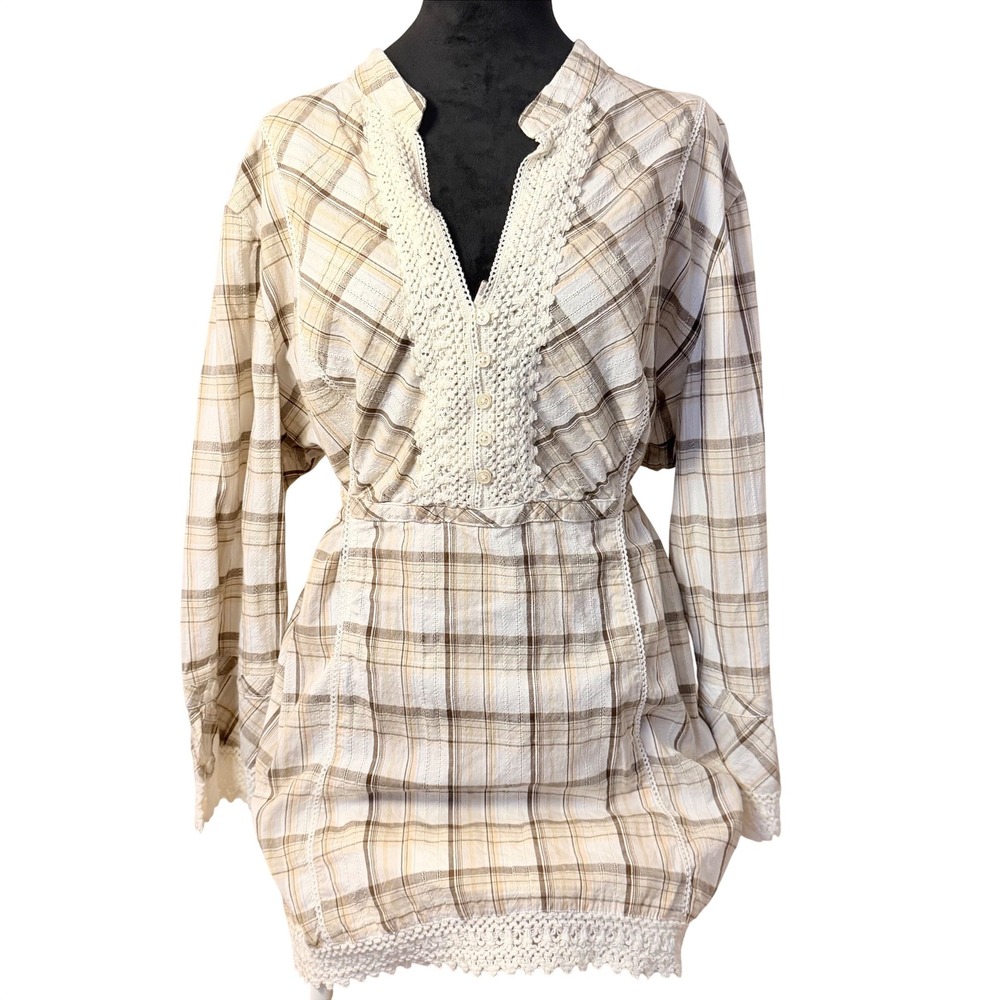 Faded Glory Y2K Plaid Lace Boho Top Blouse Adjustable 90s Western V Neck SZ 3X